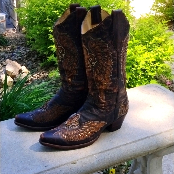 Corral Ladies Distressed Brown Wing Fleur De Lis Sequence Boot size 9.5 - Picture 2 of 16